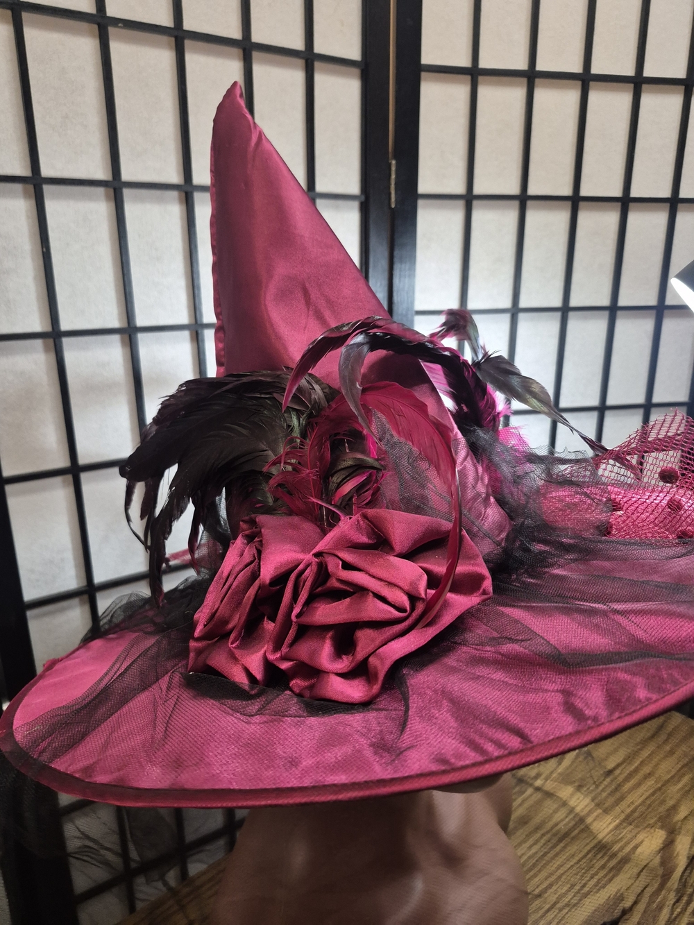 Source Unknown Fuchsia Satin Witch Hat with Black Feather Rosette
